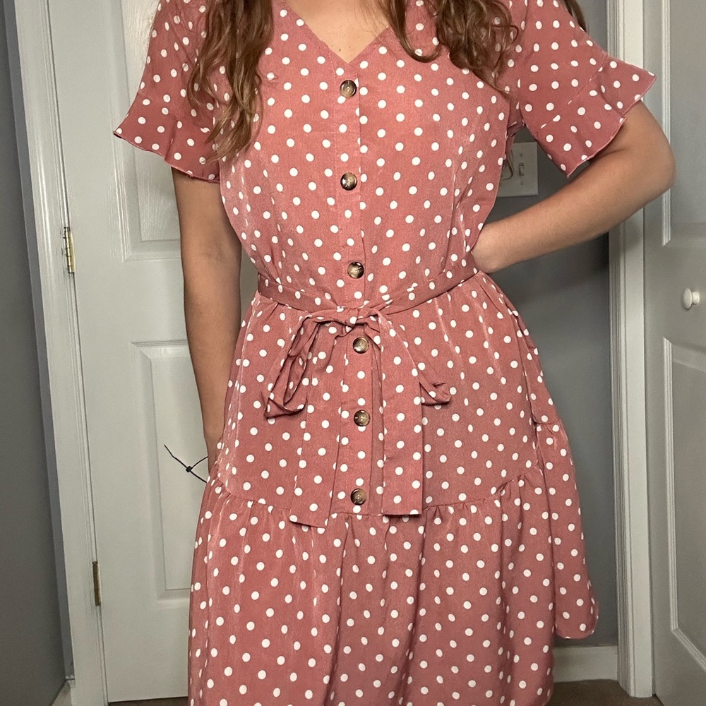 Polka Dot Button-Down Dress in Rust
